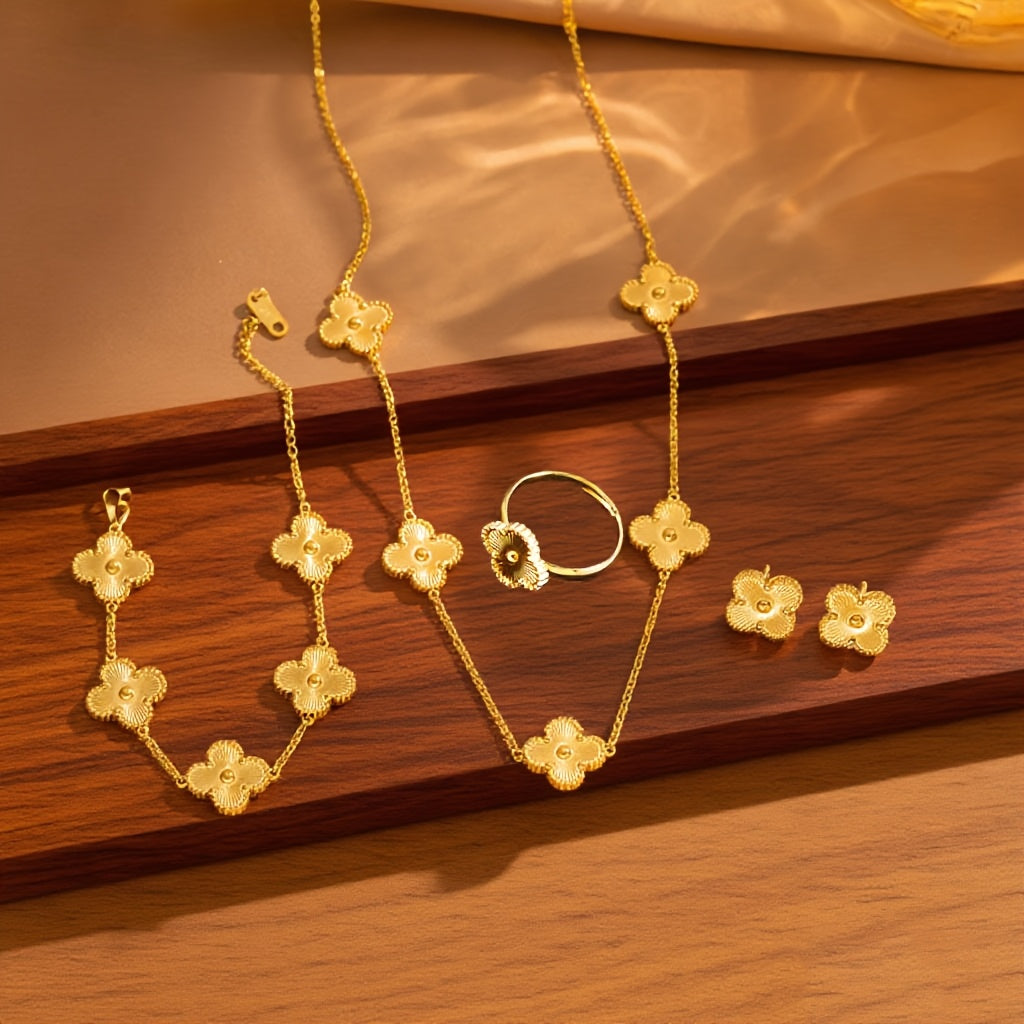 Women’s 5-Piece Stainless Steel Jewelry Set – Minimalist Four-Leaf Clover Necklace, Bracelet, Earrings & Ring, Elegant Daily & Party Gift Set (No Plating)