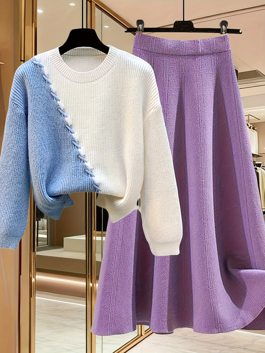 Women’s Autumn & Winter Knitwear Two-Piece Set – Fashionable Sweater Top with Loose Skirt
