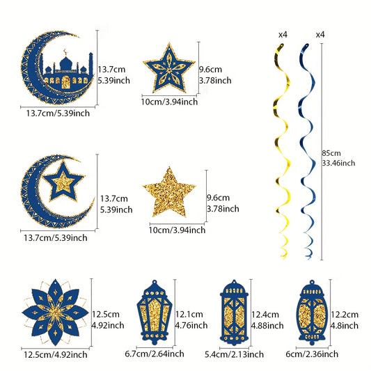 16pcs Islamic Ramadan & Eid Al-Fitr Ceiling Decorations Suitable for Muslim Parties - Elegant Islamic Spiral Stairs with & Islamic Motifs, Ceiling Hanging Ornaments for Ramadan, Eid, Muslim (Paper)