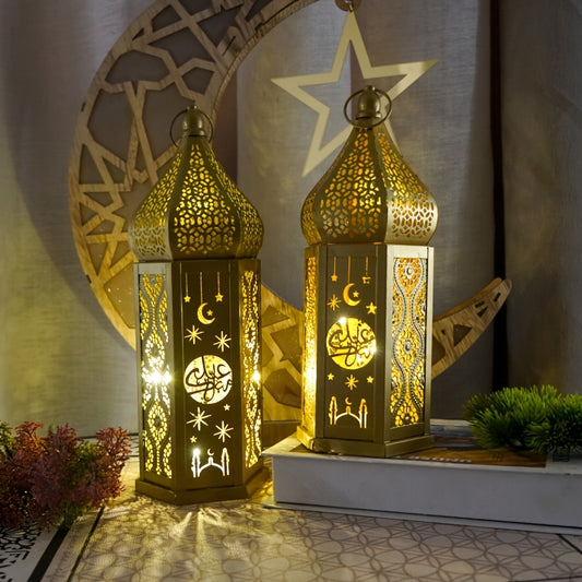 1pc Moroccan Style LED Lantern - Battery-Powered with 3 AAA Batteries (Not Included), Intricate Iron Design with Crescent Moon & Stars, Warm Glow for Ramadan Eid Weddings Home Decor, Tabletop Decoration | Decorative LED Lante