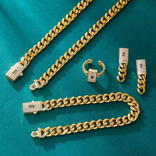 Golden Chain Jewelry Set – Necklace, Bracelet, Earrings & Open Ring with Synthetic Zircon, Punk Hip-Hop Style for Daily Wear & Holiday Gifts