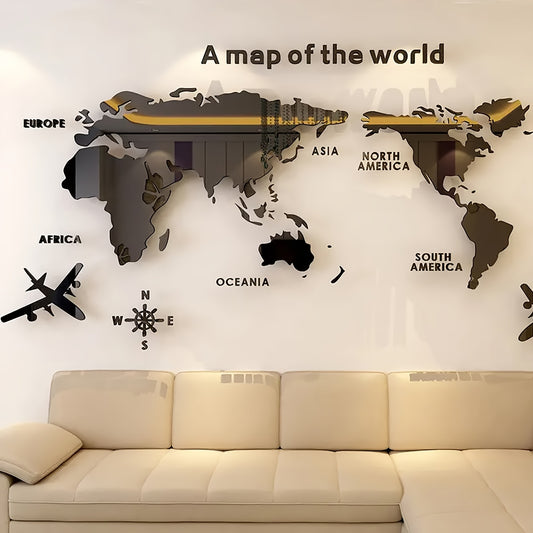 WINDIR 3D Acrylic World Map Wall Sticker – Silvery DIY Decorative Mural (71×40 inch) for Living Room, Bedroom, Office & TV Wall Decor