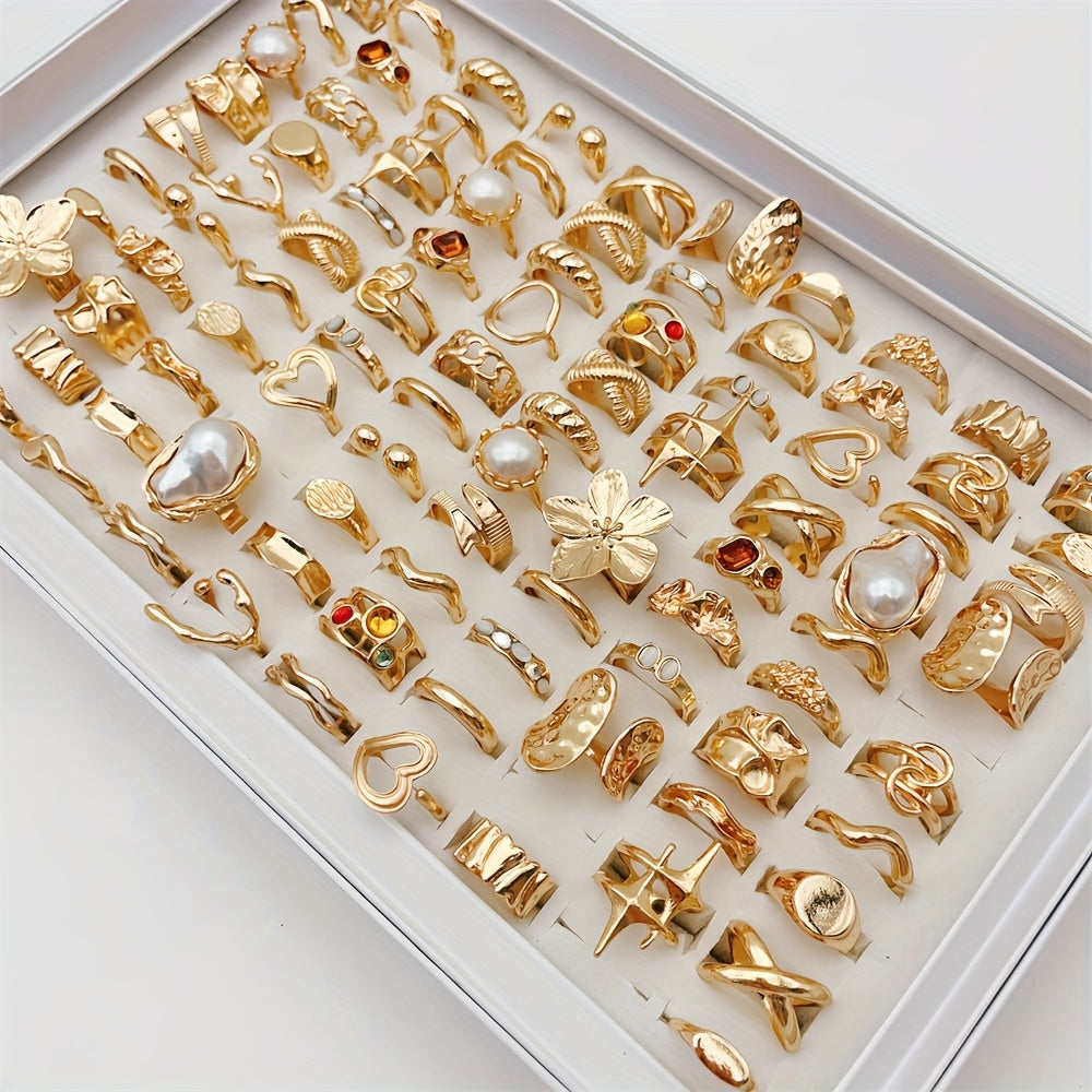 33-Piece Large Flower Ring Set for Women – Mixed Hollow Designs with Colorful Rhinestones & Irregular Heart Shapes, Perfect for Parties & Friendship Gifts