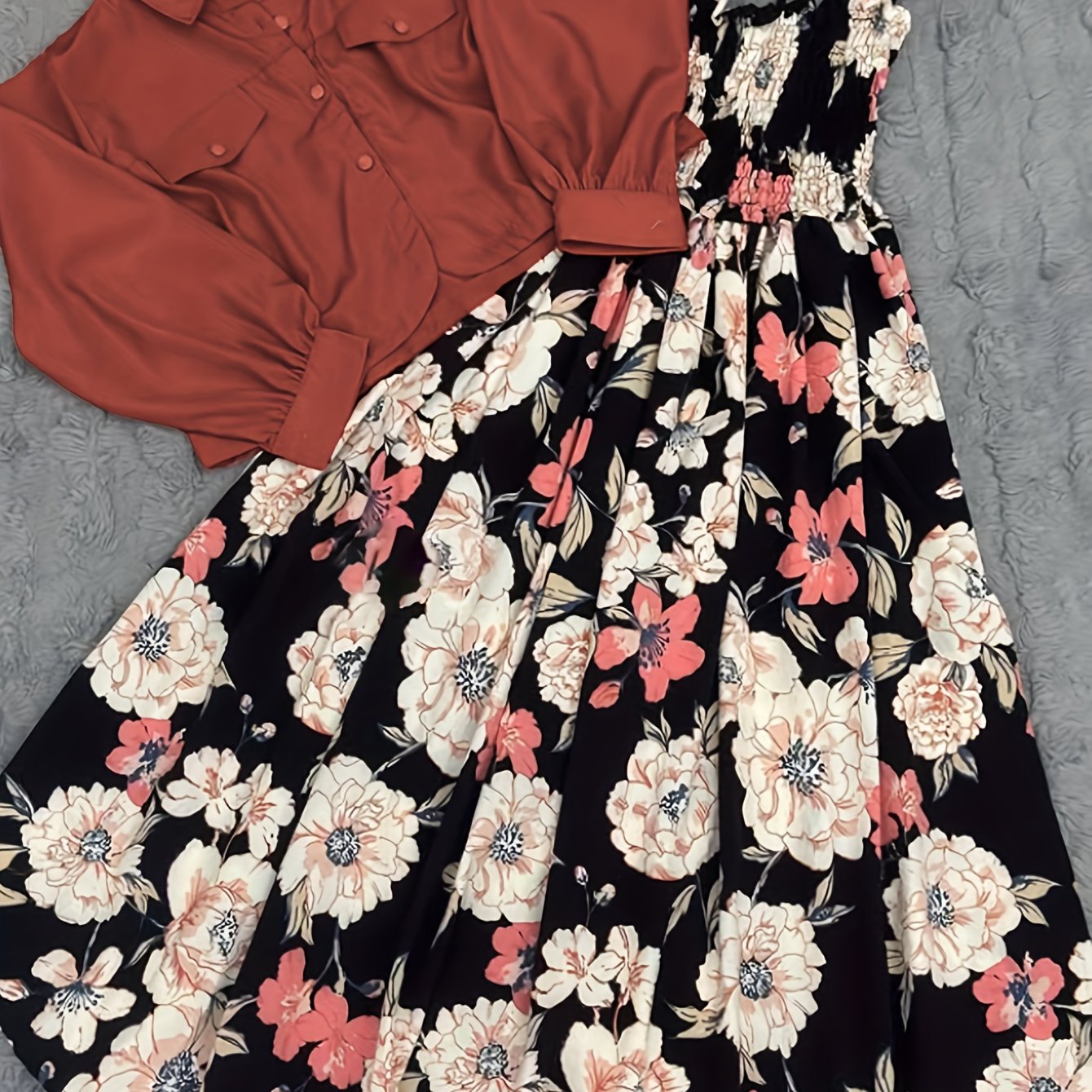 2026 Women’s Autumn/Winter Two-Piece Set – Soft Short Solid-Color Jacket with Elegant Strap-Print Tie & Long Flared Dress