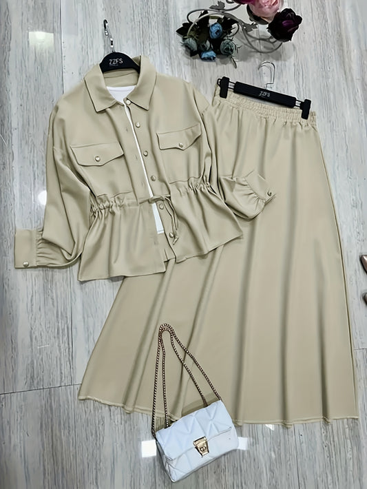 Elegant Women’s Drawstring Waist Top & Skirt Set – Spring/Autumn Collection