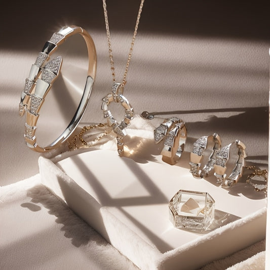 Elegant 4-Piece Copper Alloy Jewelry Set – Sparkling Zirconia Necklace, Ring, Earrings & Bracelet for Daily Wear and Special Gifts