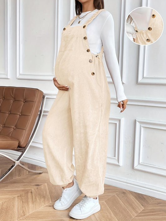 Women’s Maternity Oversized Trousers – Full-Length Corduroy-Style Pregnancy Pants with Adjustable Drawstring Waist & Golden-Tone Buttons
