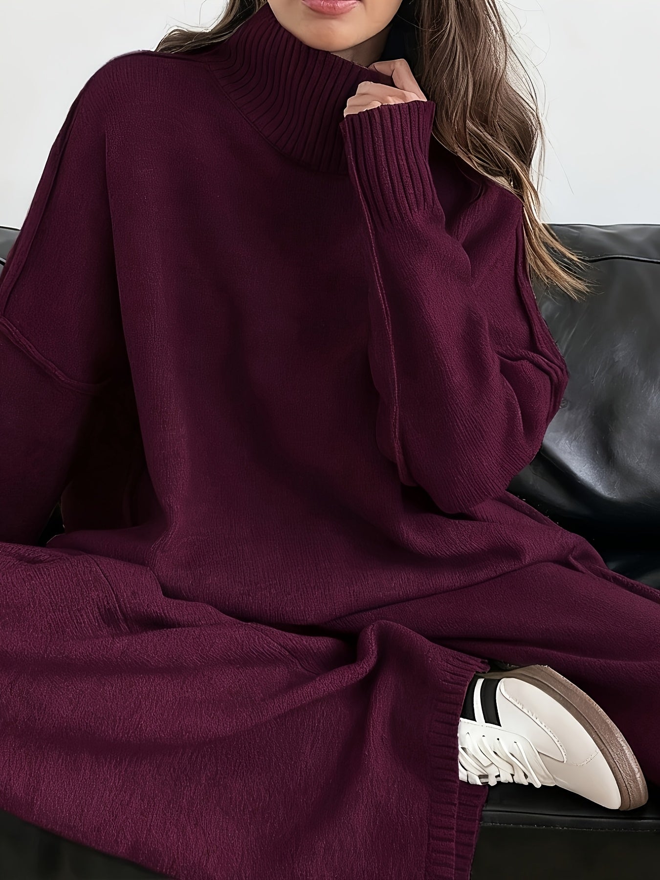 Women’s Winter Two-Piece Knit Set – Elegant High-Neck Long-Sleeve Pullover Sweater & Matching Long Pants, Simple and Fashionable Casual Outfit