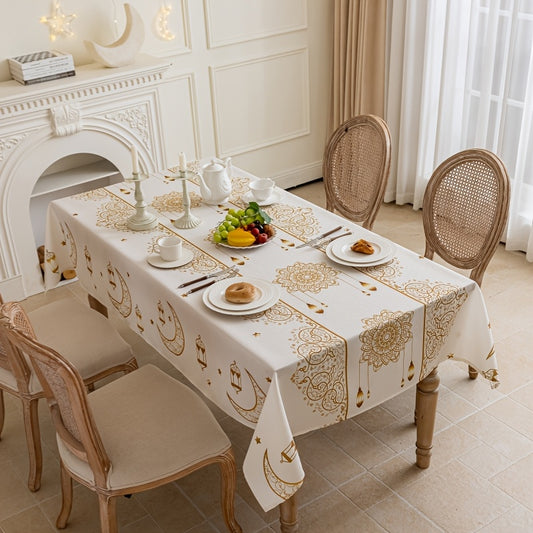 1pc Bohemian Geometric Beige Ramadan Tablecloth, with Golden Moon and Stars Pattern, Washable Rectangular Tablecloth, Suitable for Dinner Party, Table, Party, Festival Celebration Decoration, Eid Decoration, Gift