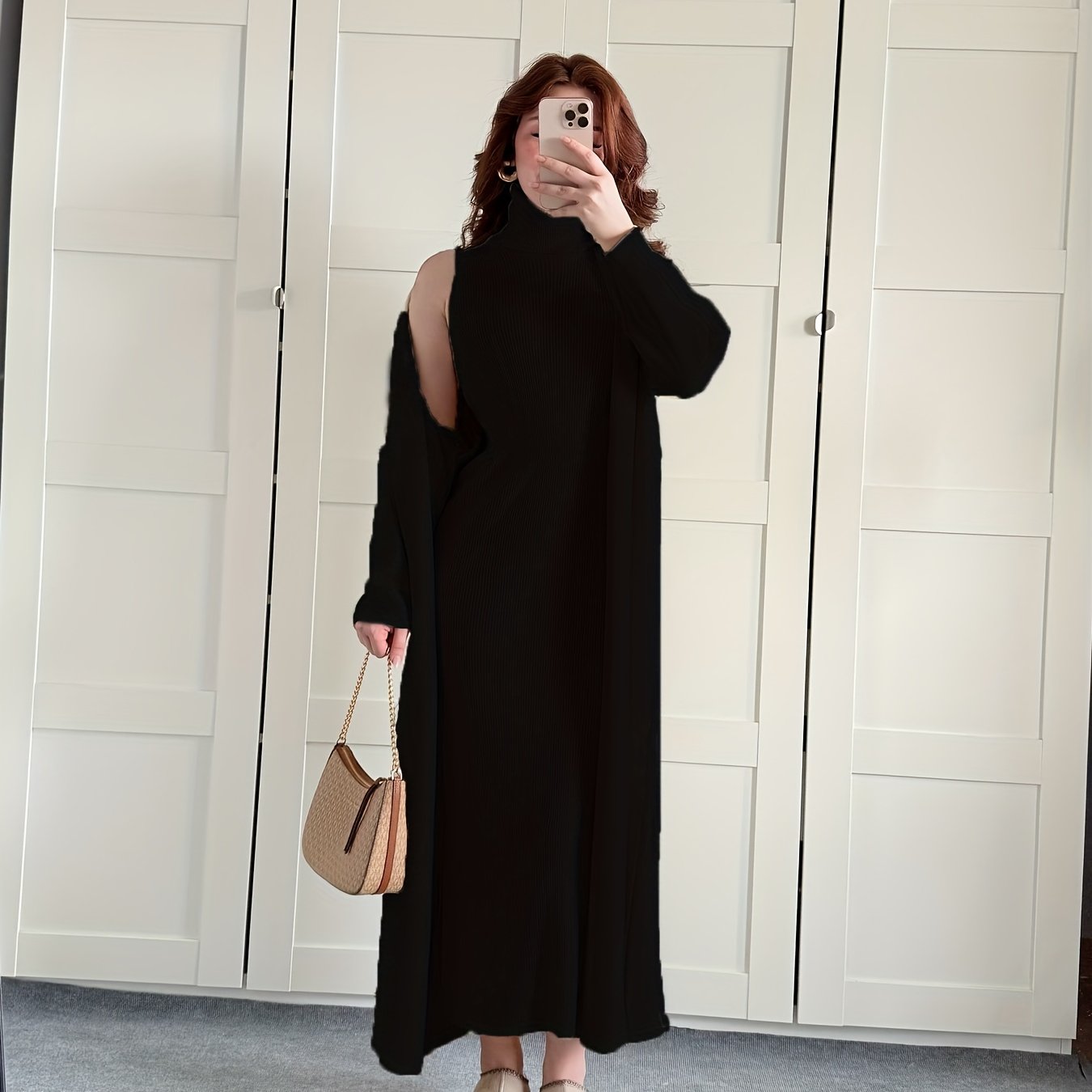 Women’s Autumn-Winter Chic Solid Color Long Sleeve Jacket & Round Neck Maxi Dress Set