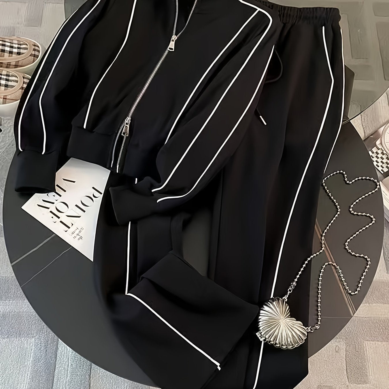 طقم نسائي من قطعتين، جاكيت بسحاب متعدد الألوان وبنطلون برباط، مناسب للربيع والخريف