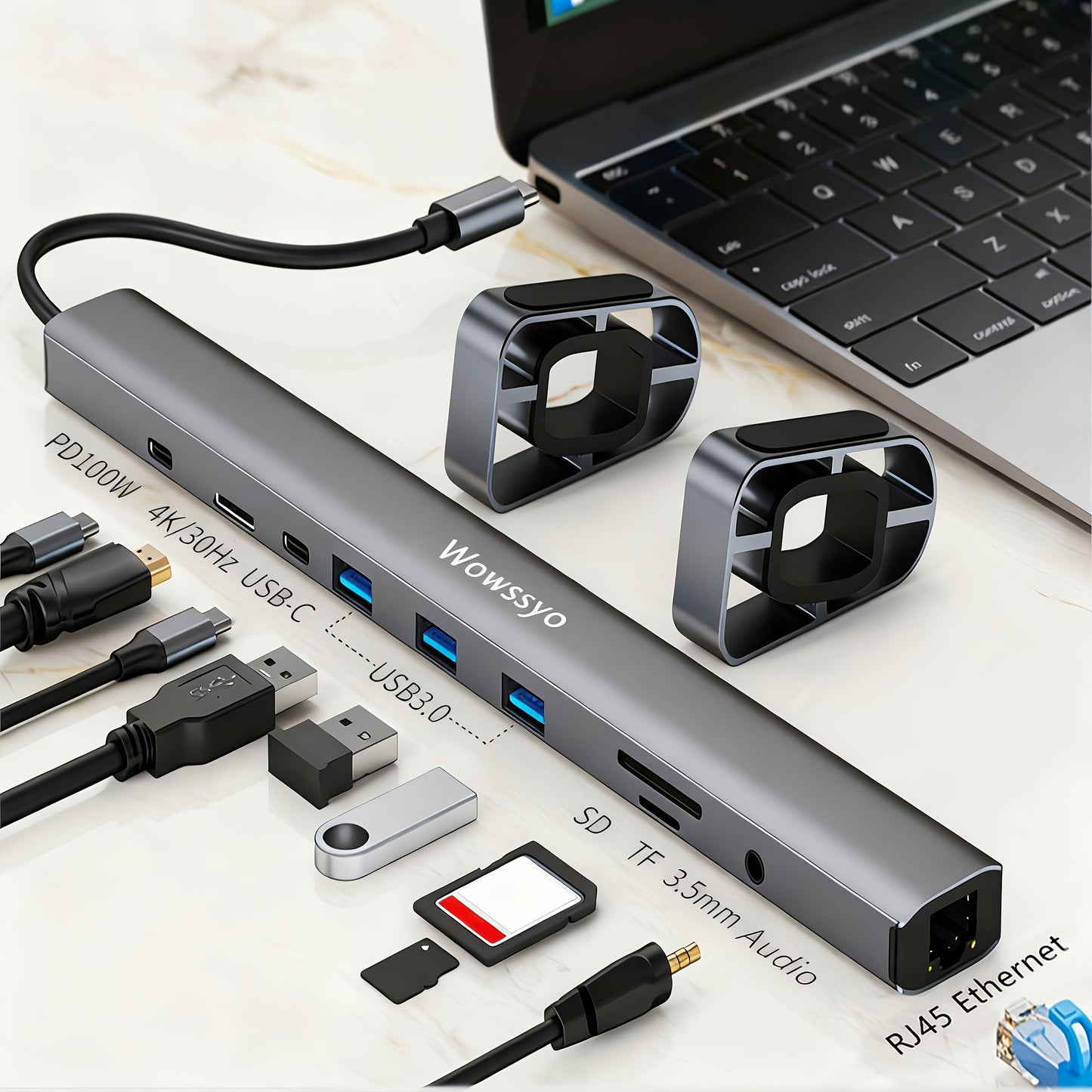 Wowssyo 10-in-1 USB-C Docking Station – Triple Display Hub with 4K HDMI, 100W PD, Ethernet, SD/TF, Audio & USB 3.0