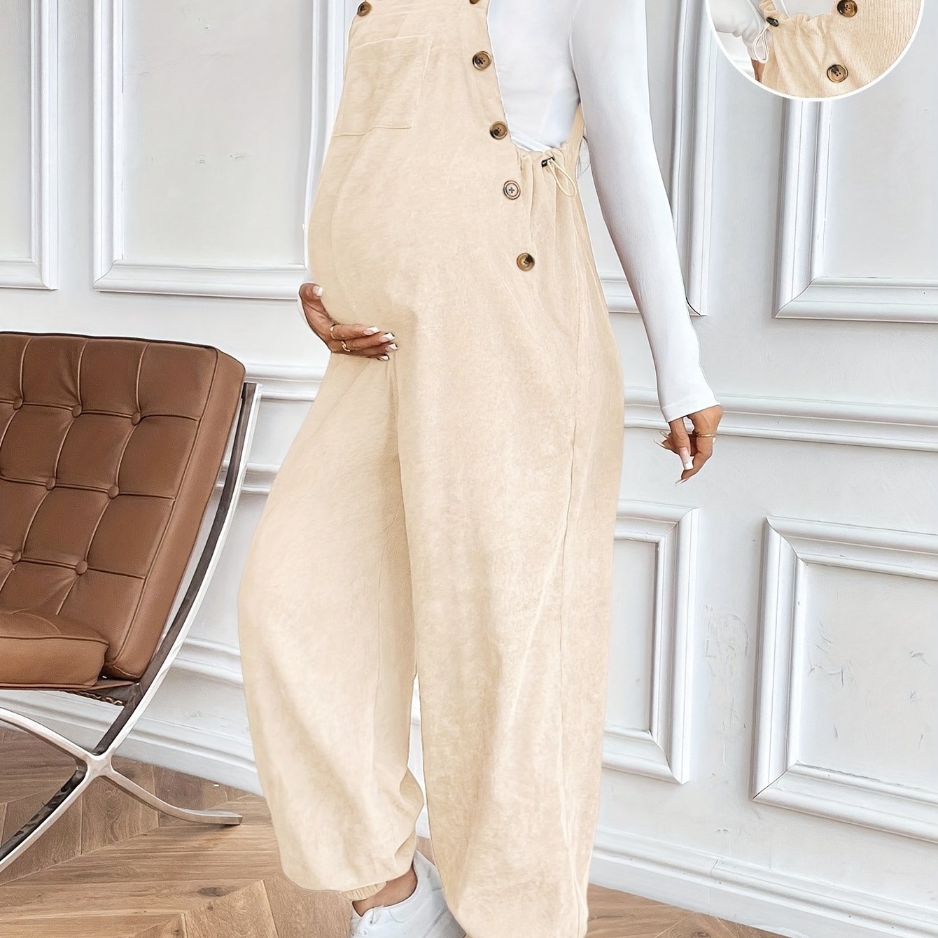 Women’s Maternity Oversized Trousers – Full-Length Corduroy-Style Pregnancy Pants with Adjustable Drawstring Waist & Golden-Tone Buttons