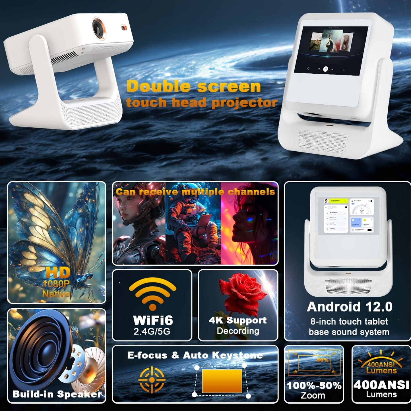 A2 Pro Smart Projector with 8-Inch Touch Screen – Android 12, Native 1080P HD, 4K Compatible Home Theater Projector with Autofocus & Auto Keystone Correction