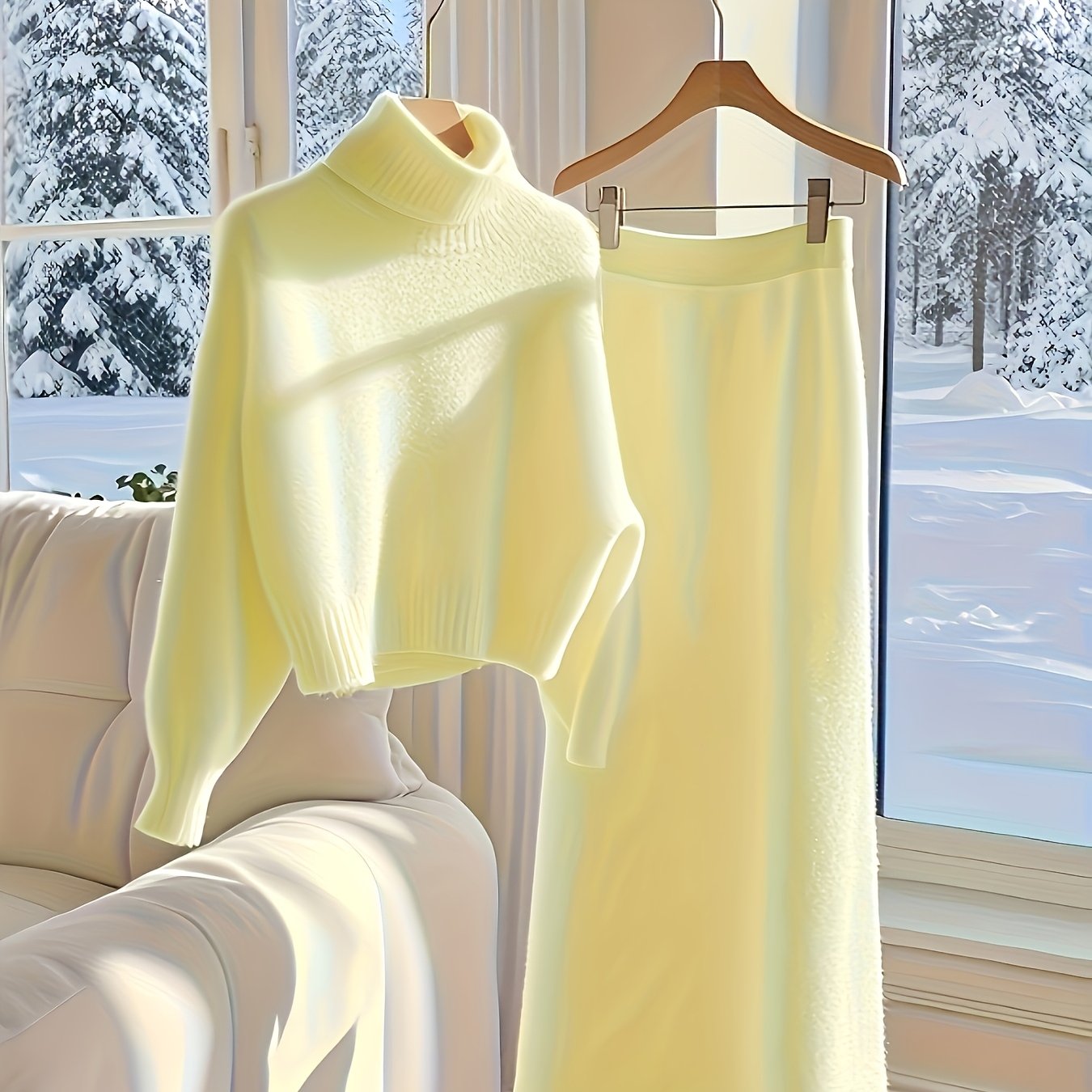 Women’s Autumn-Winter Knitwear Set — Loose Long Dress with High Neck Pullover Sweater, Solid Color