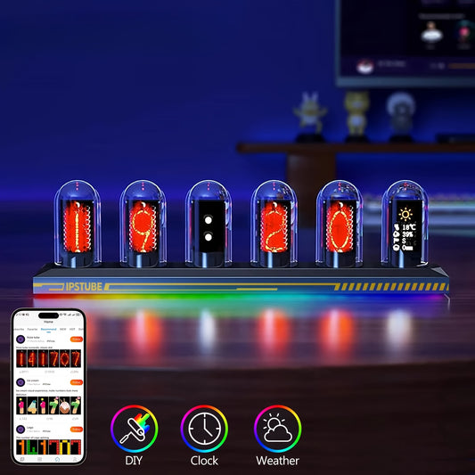 RGB LED Nixie Tube Clock – DIY IPS Display with 16M Colors, App Control, Temp & Weather Display, Modern Home Decor Gift