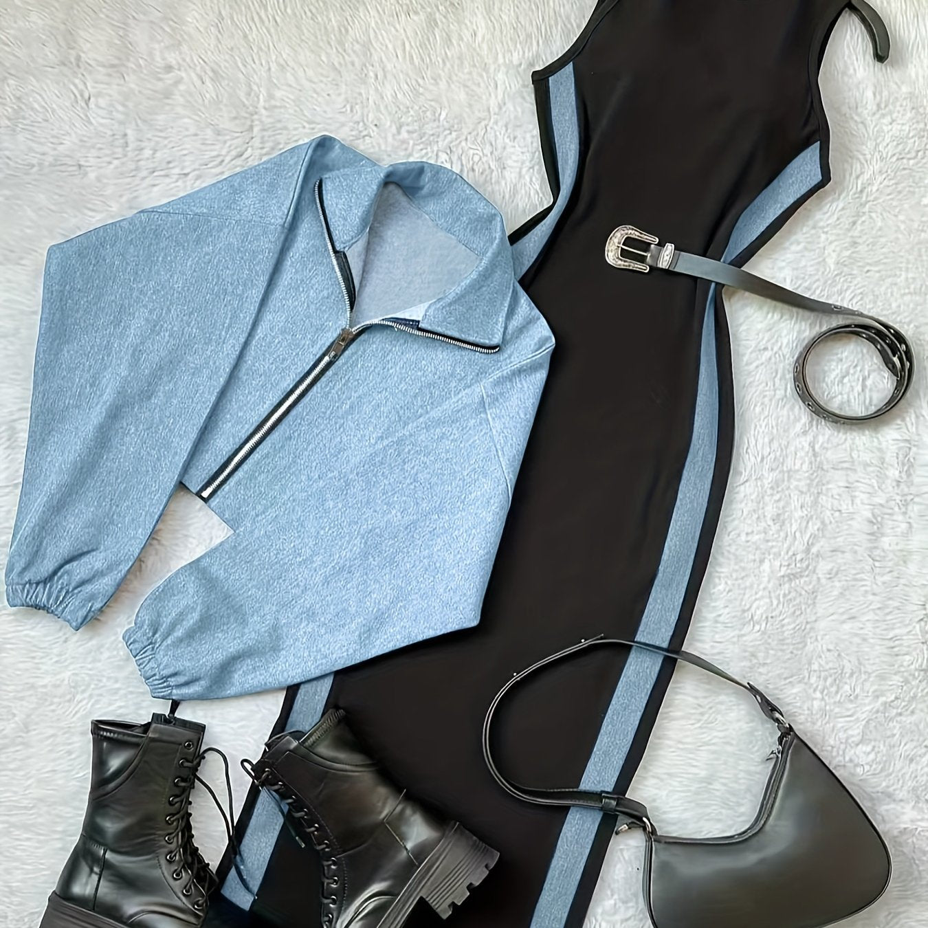 Women’s Y2K Color-Block Blazer & Dress Set – Blue Zip-Up Long Sleeve Jacket with Beige Slim-Fit Sleeveless Dress, Elegant Spring/Fall Office & Street Fashion