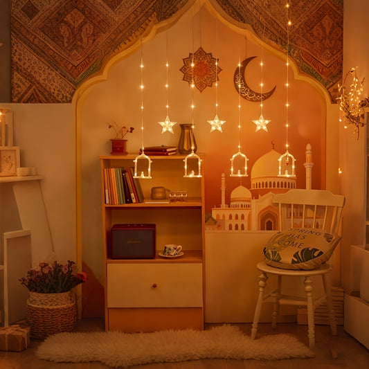 1pc Ramadan Lamp Decoration, Ramadan Curtain Light, Muslim Ramadan LED String Light, Crescent Moon Curtain Light, Moon Castle Curtain Light, Home Holiday Decoration, Warm and Romantic Atmosphere Light, Perfect for Ramadan, Ei