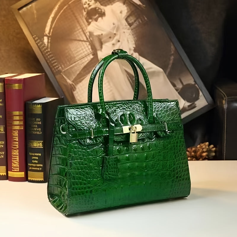 Women's Alligator-Texture Handbag – Elegant Large Tote with Gold Hardware, Zipper Closure & Detachable Strap