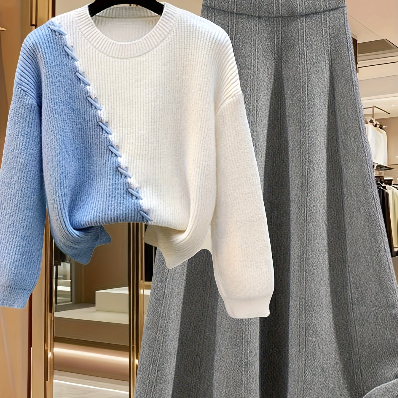 Women’s Autumn & Winter Knitwear Two-Piece Set – Fashionable Sweater Top with Loose Skirt