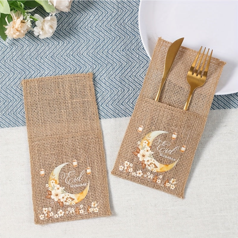 Set of 5 Eid-Themed Linen Bags Featuring Moon Lanterns And Flowers, Perfect for Ramadan Celebrations. These Burlap Bags Are Ideal for Eid Mubarak Decorations at Home And for Islamic Muslim Party Supplies, Including Tableware
