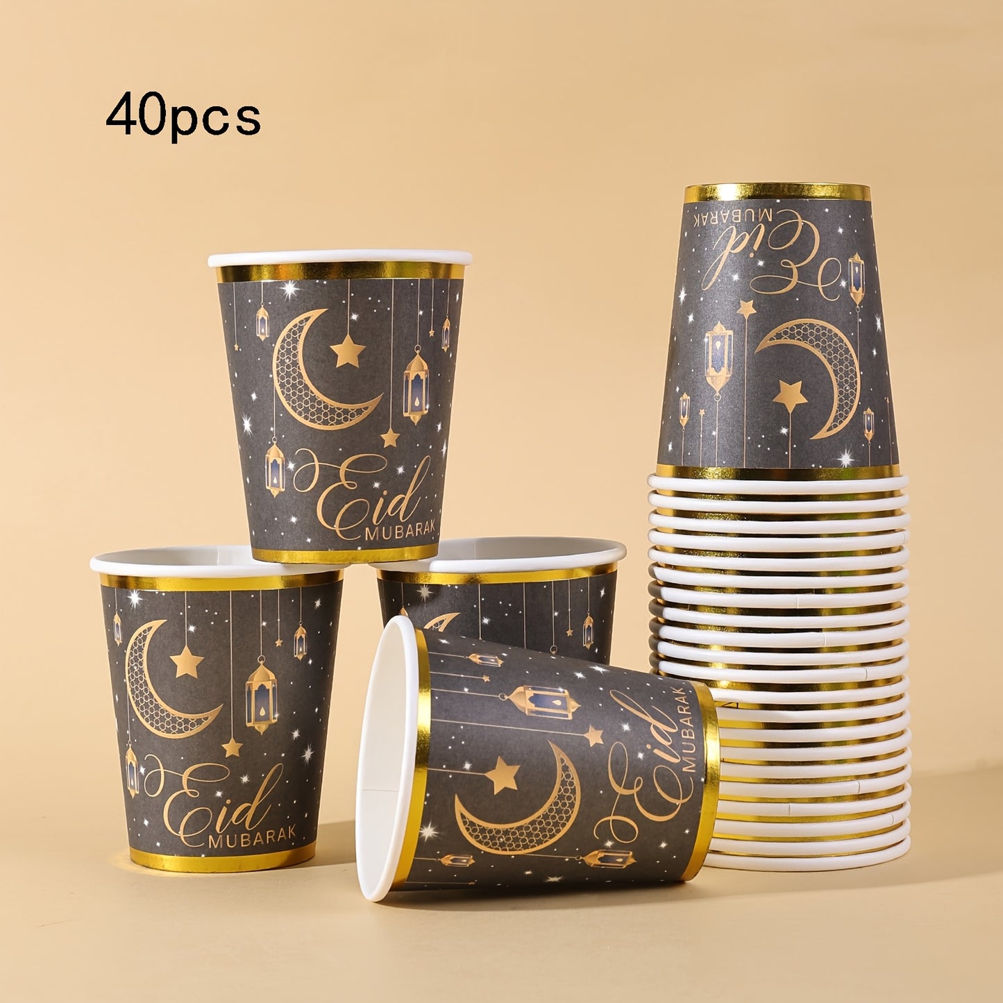 20pcs/40pcs/60pcs Black & Golden Elegant Eid Mubarak Party Disposable 9Oz Paper Cups with Golden Edge | Golden Foil Moon Star Lantern Print, Ideal for Ramadan Kareem Festival Gatherings Valentine Easter