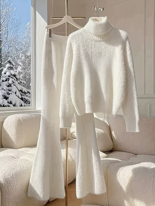 New Arrival Women’s High-Neck Top & Flared Pants Set – Chic White High-End Fashion Outfit