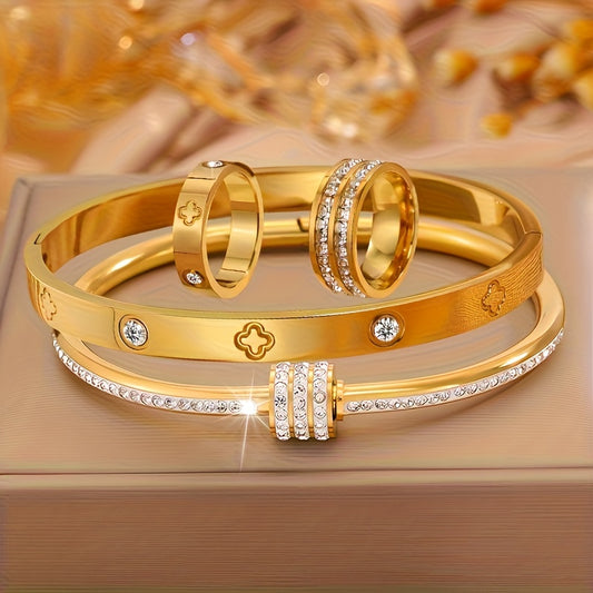 4-Piece Stainless Steel Bracelet & Ring Set – Elegant Interlocking Loop Design with Heart & Rhinestone-Style Accents for Weddings, Parties & Daily Wear