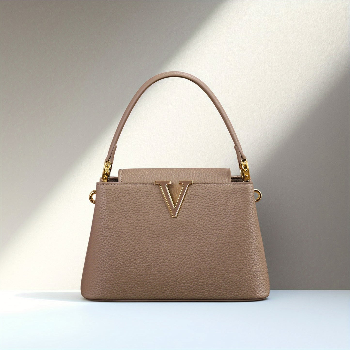 Women’s Elegant V-Logo Handbag – Textured Grained Leather Purse with Golden-Tone Hardware & Detachable Strap, Perfect for Everyday or Formal Wear