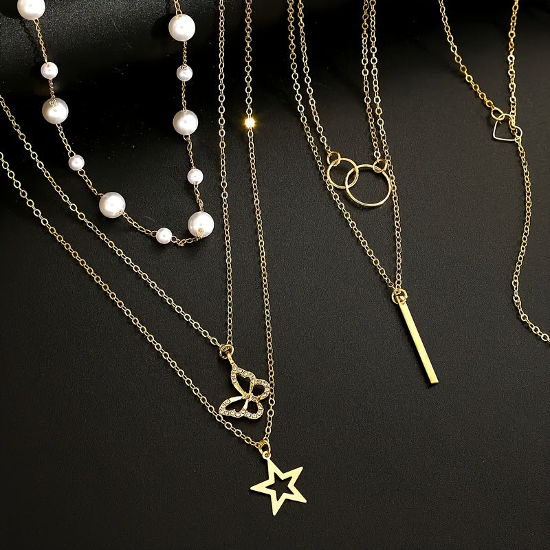 11pcs Creative Fashion Five-Pointed Star Synthetic Zirconia Butterfly Element Faux Women's Multi-Set Necklace Set Suitable for Outing Beach Vacation Jewelry Mother's Day Gift