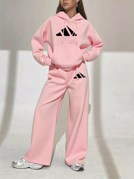 Women’s Winter Hooded Sweatshirt & Jogger Set – Casual Pullover with Letter Print, Pockets & Drawstring Waist