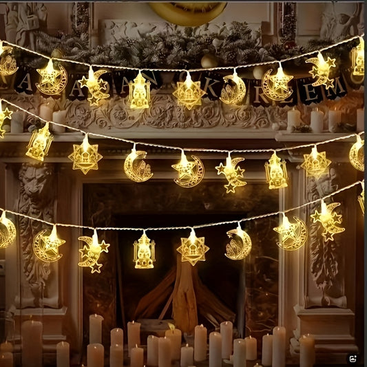 سلسلة إضاءة LED على شكل قلعة ونجمة وقلعة رمضانية، طولها 59 بوصة/10 مصابيح LED، تُستخدم كثريات جدارية داخلية في المنازل، في فصلي الربيع والصيف، وفي المهرجانات والمناسبات؛ مثالية لتزيين الأجواء الإسلامية.