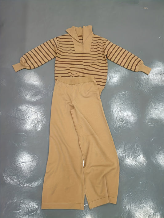 Women’s Vintage Striped Zip-Up Hoodie & Pants Set – Cozy Brown Two-Piece Fall/Winter Outfit with Stand Collar, Long Sleeves & Loose Casual Fit