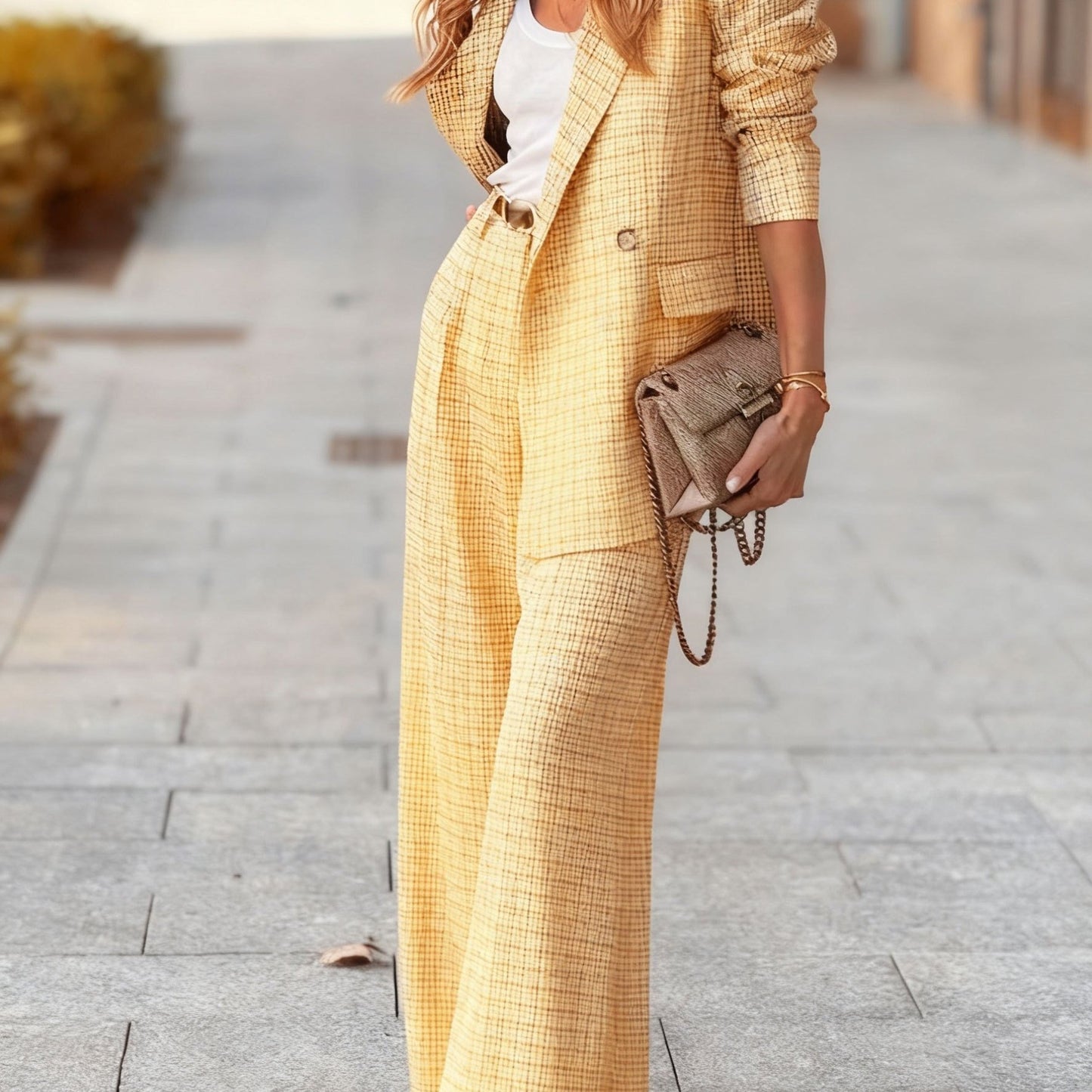 Women’s Two-Tone Plaid Blazer & Pants Set — Double-Breasted, Long Sleeve, Loose Fit, All-Season Wear