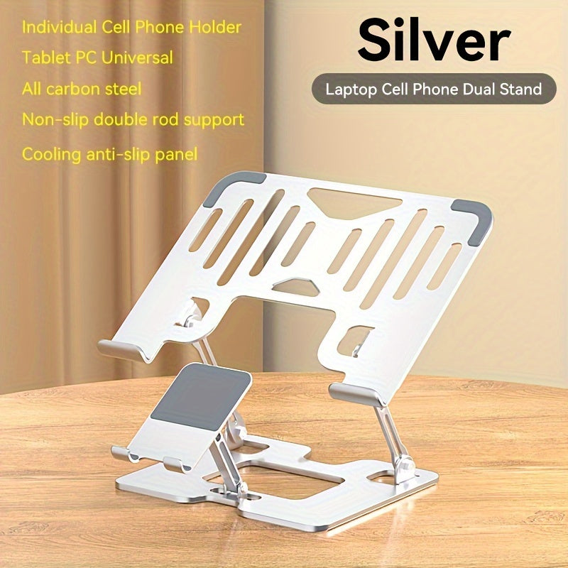 2-in-1 Adjustable Laptop & Phone Stand – Foldable Carbon Steel Design with Heat Dissipation & Multi-Angle Support