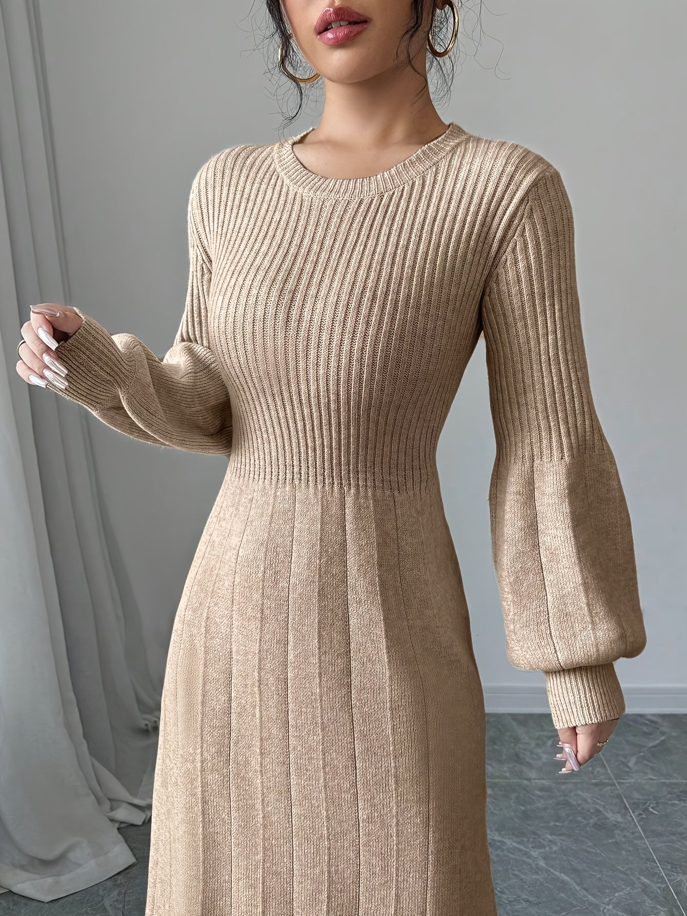 Elegant Beige High-Neck Sweater Dress with Lantern Sleeves – Long Ribbed Knit Dress for Fall & Winter, Casual Chic Women’s Fashion