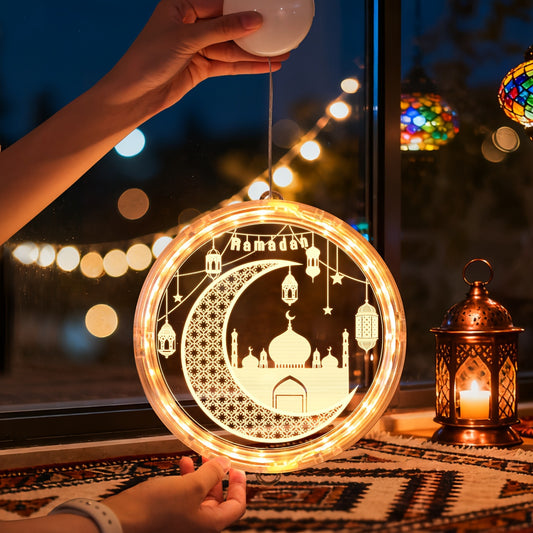 أضواء معلقة بتقنية LED لرمضان، فوانيس إفطار بتقنية LED، أضواء زينة على شكل هلال، متوفرة بأشكال متعددة. أضواء أجواء احتفالية - مجموعة متنوعة من الأضواء المعلقة على شكل أقراص مضيئة لتزيين رمضان، وتزيين الأبواب، والعرض.