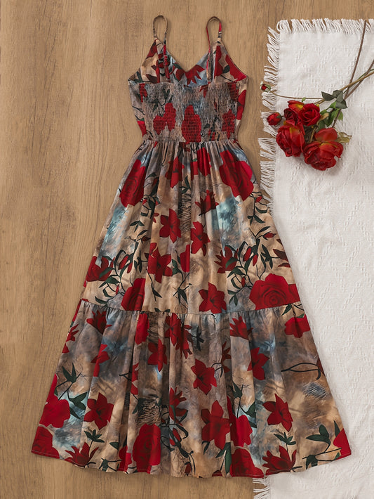 Women’s Vintage Floral Spaghetti-Strap Ball Gown – Large Skirt Dress for Elegant Outings & Date Nights