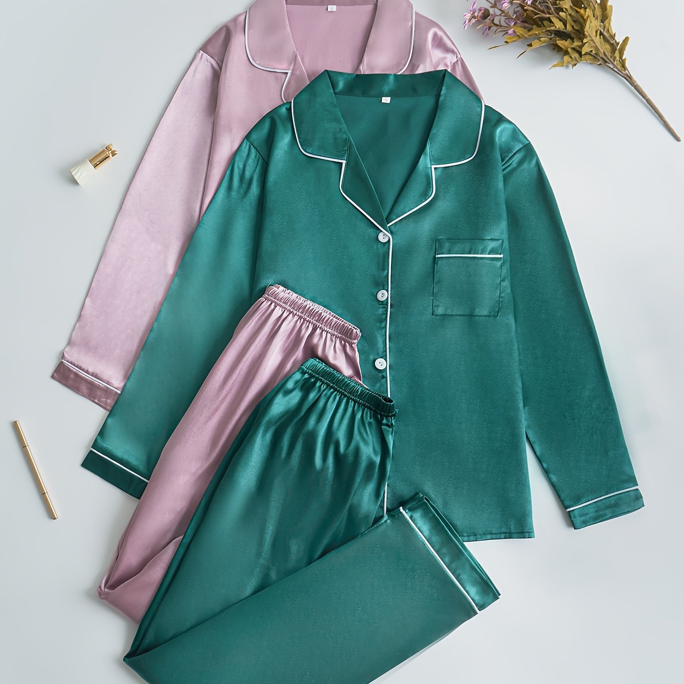 Women’s 2-Set Satin Pajama Collection – Long-Sleeve & Long-Pants Solid Color Sleepwear with Turned Collar and Elegant Button Detailing for Autumn/Winter