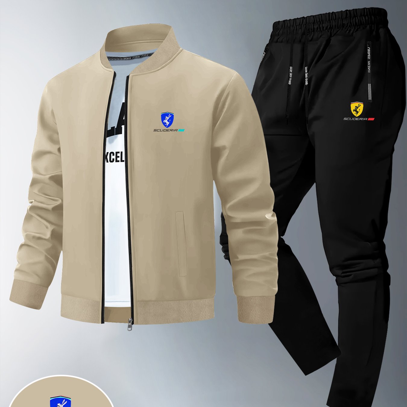طقم من قطعتين يتكون من سترة ضيقة وبنطال رياضي طويل للرجال، يتميز بطبعات الفريق، ونمط بسحاب، مصنوع من قماش ناعم، مناسب للارتداء غير الرسمي في فصلي الخريف والشتاء.