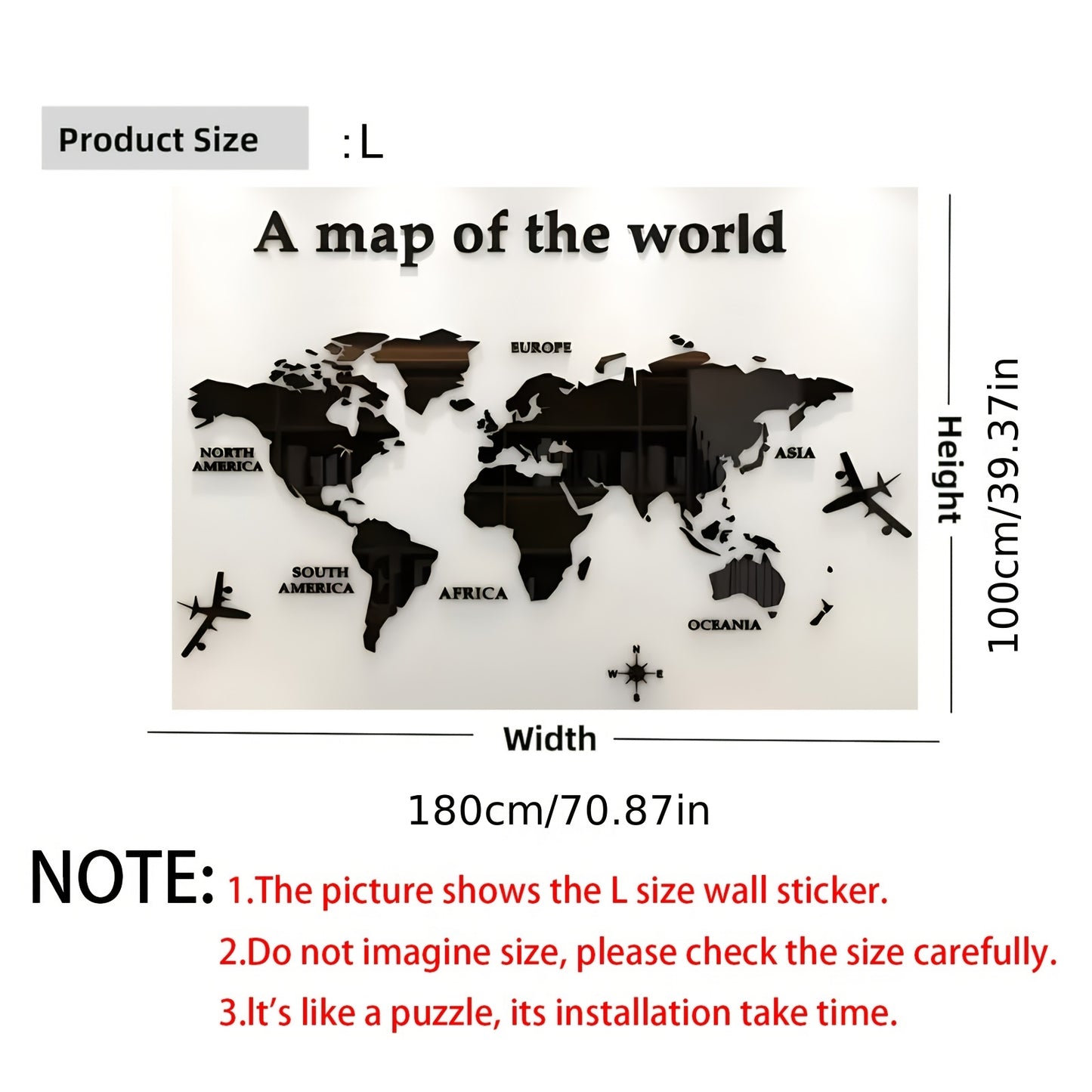ملصق حائط خريطة العالم الأكريليكي ثلاثي الأبعاد من WINDIR - جدارية زخرفية فضية DIY (71 × 40 بوصة) لغرفة المعيشة وغرفة النوم والمكتب وديكور جدار التلفزيون