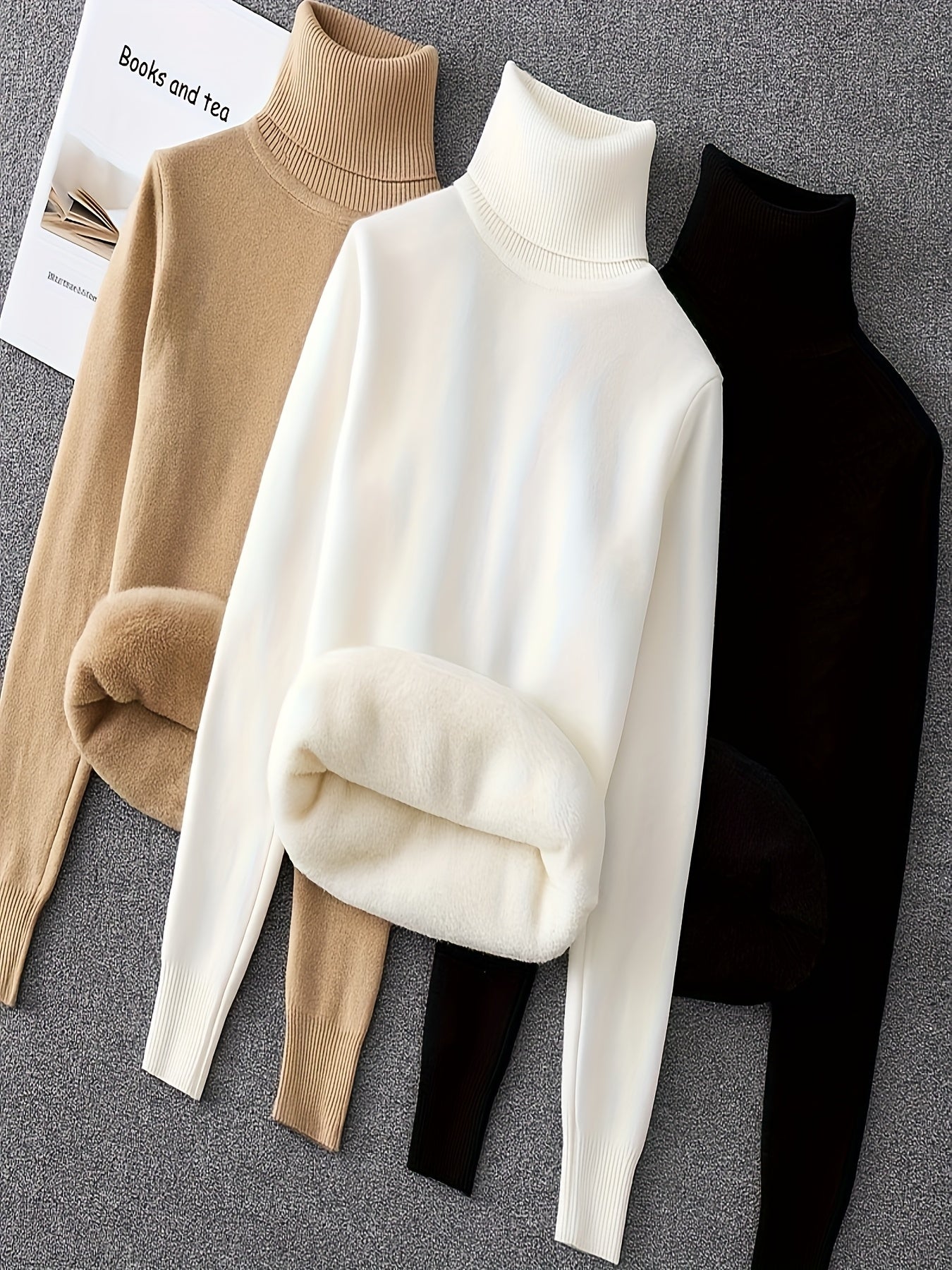 طقم سويت شيرت نسائي من 3 قطع برقبة عالية - ملابس تريكو خريف/شتاء