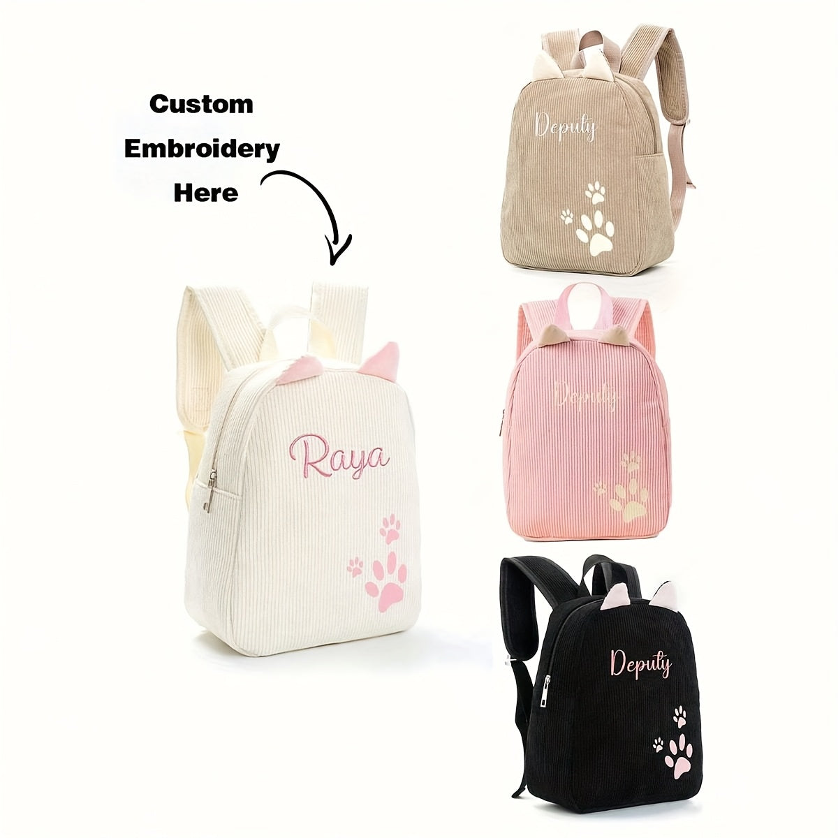 1pc ized /s Backpack with Custom Name/Text/Logo - Cute & Paw Print Design, Lightweight School for &, Adjustable Straps, Zipper Closure, Beige/Pink/Black/Khaki - Ideal Gift (Embroidery Service Included