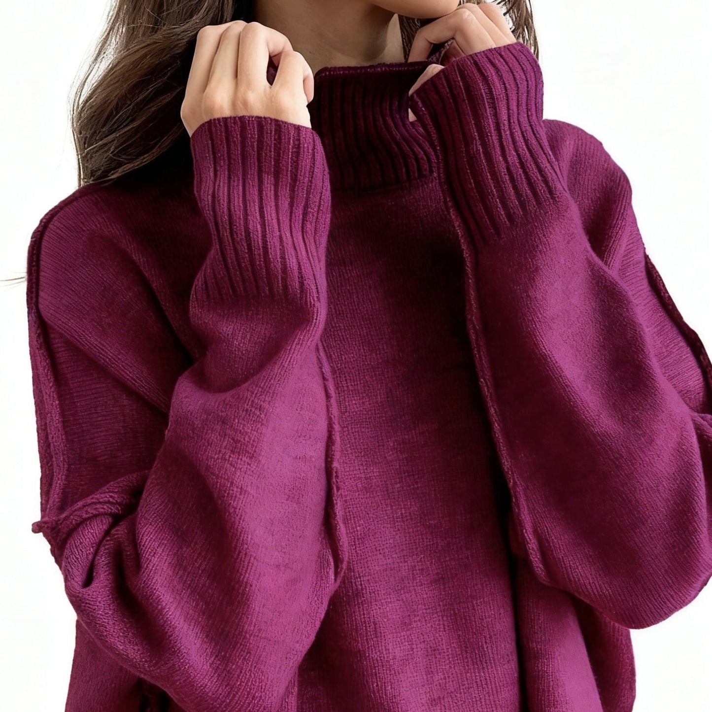 طقم نسائي شتوي محبوك من قطعتين - بلوفر أنيق بياقة عالية وأكمام طويلة وبنطال طويل متناسق، مظهر بسيط وعصري