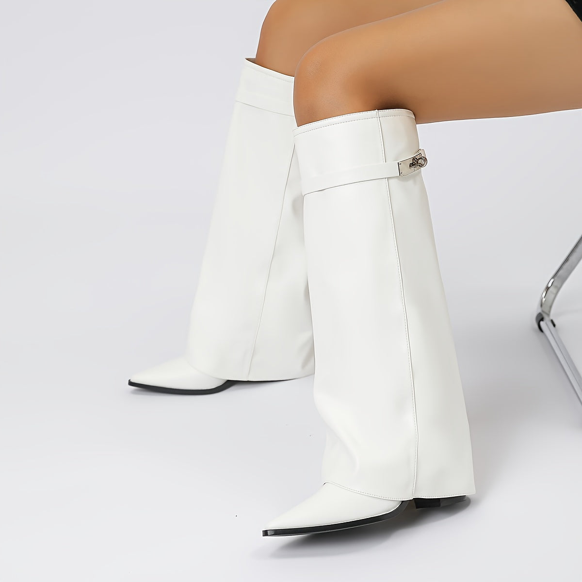 Women's Western Cowboy Boots – Chunky Heel, Pointed Toe, Buckle Detail & Slip-Resistant Sole, Stylish All-Season White Boots
