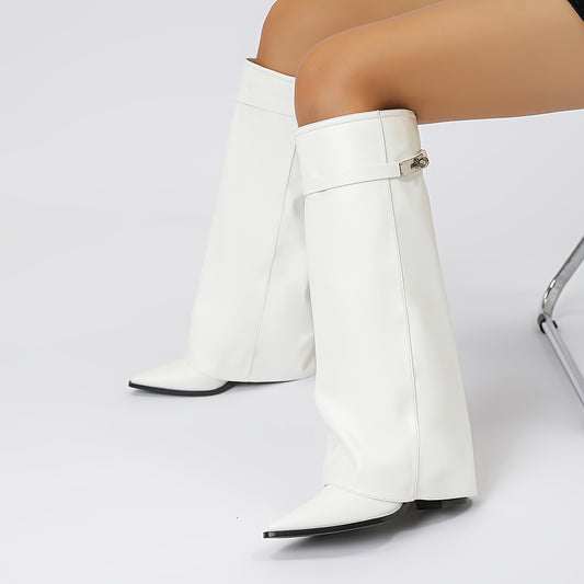 Women's Western Cowboy Boots – Chunky Heel, Pointed Toe, Buckle Detail & Slip-Resistant Sole, Stylish All-Season White Boots