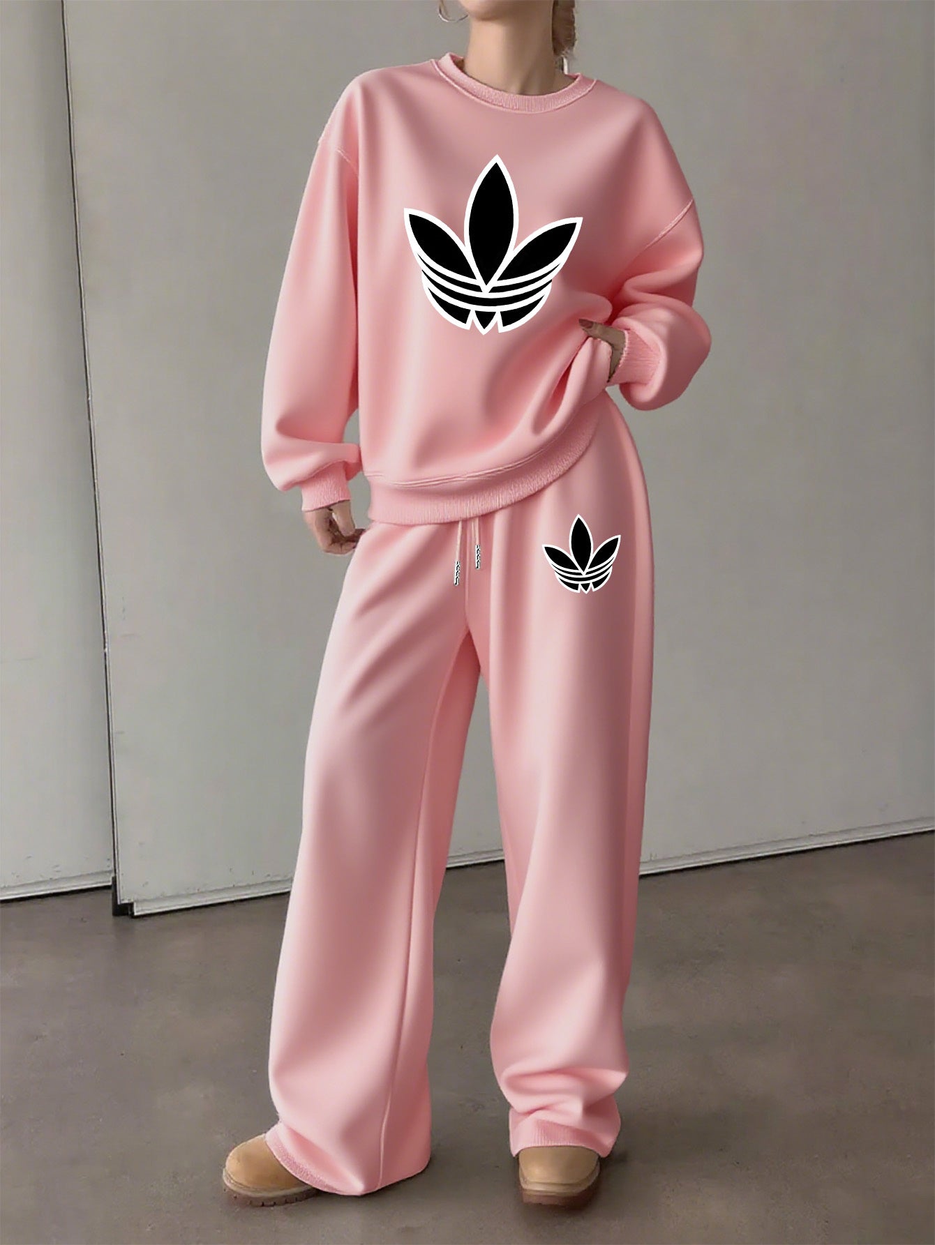 Letter Print Two Piece Set, Crew Neck Sweatshirt & Pants, Women's Clothing