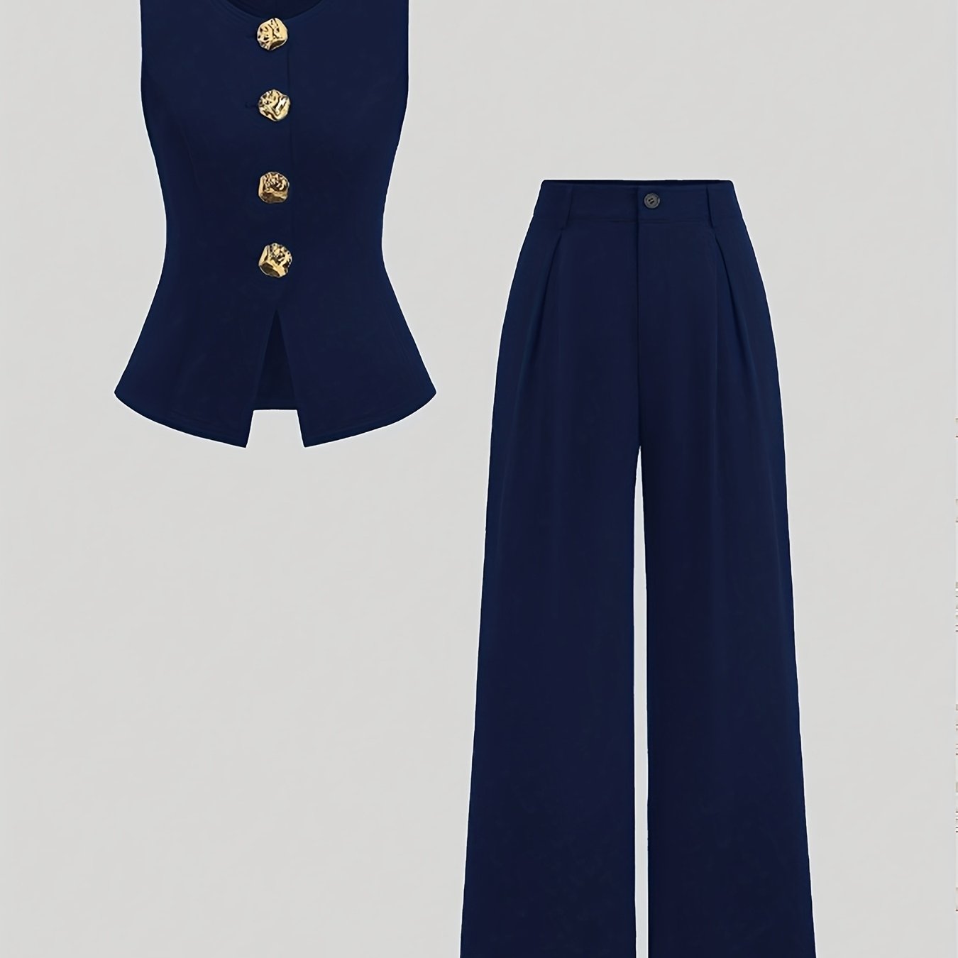Women’s Elegant Waist-Cinching Vest & Wide-Leg Pants Set – Solid Button-Up Two-Piece Outfit for Office or Casual Wear