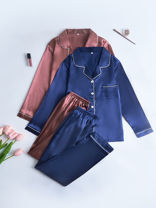 Women’s 2-Set Satin Pajama Collection – Long-Sleeve & Long-Pants Solid Color Sleepwear with Turned Collar and Elegant Button Detailing for Autumn/Winter