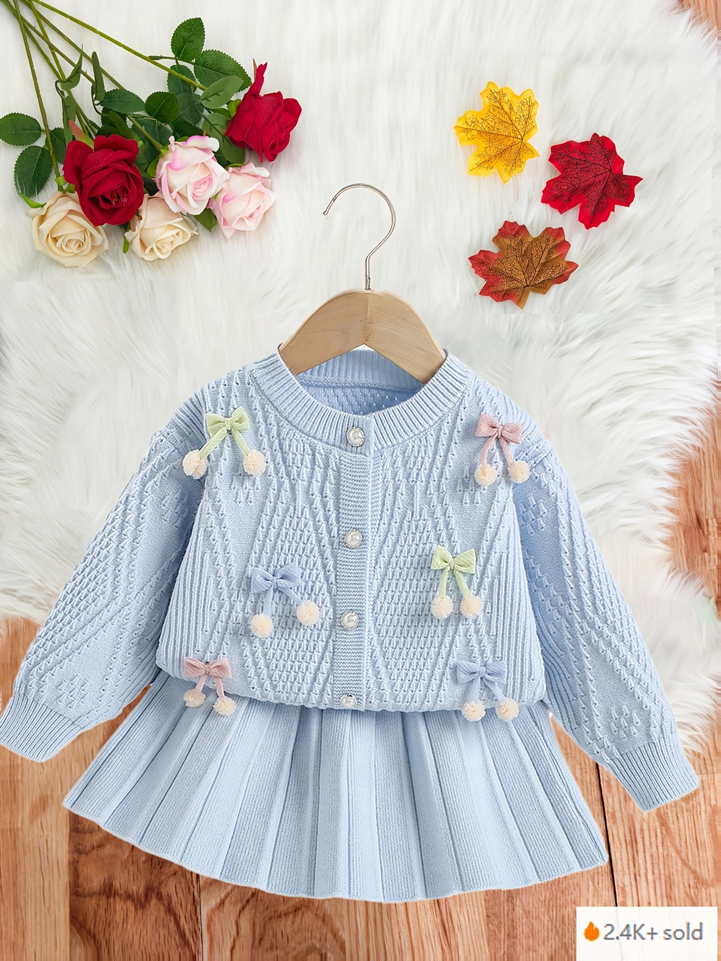 Girls’ Adorable Knit Cardigan & Pleated Skirt Set – Cozy Winter 2-Piece Outfit for Toddlers & Kids (8M–8Y)